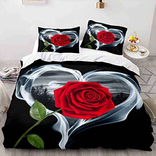 JLCZBT Bettwäsche Rote Rose Bettwäsche 135x200cm Romantische Blume Bettbezug Rote Rose Blumen Muster Bettwäsche Set mit Kissenbezüge (A6,135 x 200 cm) von JLCZBT