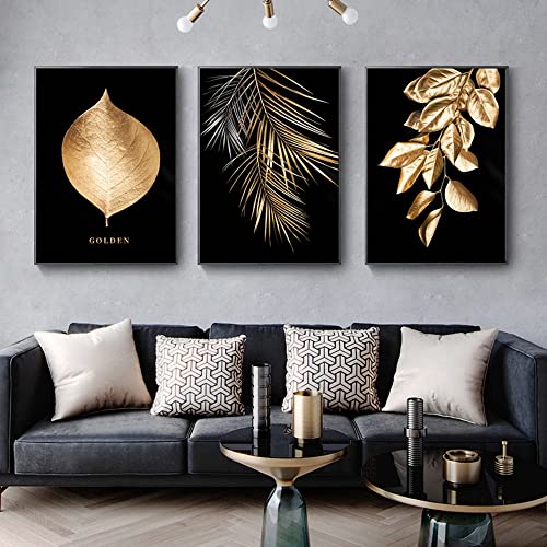 JLCZBT Bilder Schwarz Gold Leinwand Goldene Blätter Palmblatt Poster Ohne Rahmen Wandbilder Wohnzimmer Home Deko Bild (40×60cm) von JLCZBT