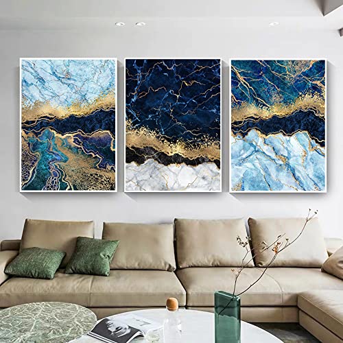 JLCZBT Blau Gold Marmor Leinwandbilder Moderne abstrakte Fluid Art Marmor Textur Poster Set 3er Wohnzimmer Marmor Gold Bilder Ohne Rahmen (Blau Gold,60×90cm) von JLCZBT