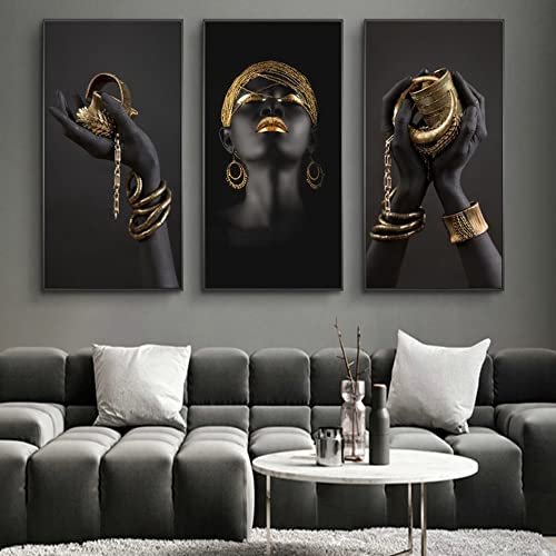 JLCZBT Leinwand Poster 3er Set Afrikanische Frauen Bilder Auf Leinwand Schwarz Gold Afrika Frau Leinwand Abstrakte Bild Wohnzimmer Poster Ohne Rahmen (Schwarz Gold,60 x 120 cm) von JLCZBT