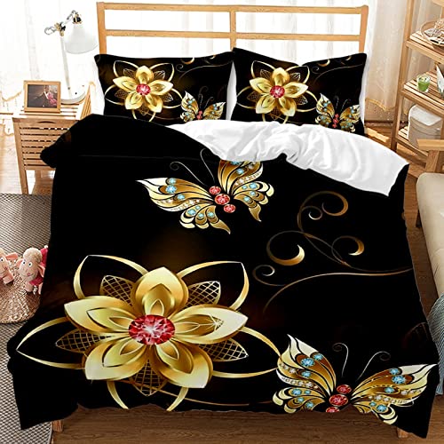 JLCZBT Mädchen Bettwäsche Set 2/3 Teilig Schmetterling Bettwäsche 135x200 Schwarz Gold Butterfly Bettbezug Schmetterling Drucken mit Kissenbezug (A6,Single(135x200 cm)) von JLCZBT