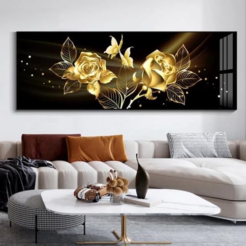 JLCZBT Modern Wohnzimmer Wandbilder Schwarz Golden Pflanzenblatt Bild auf Leinwand Gold Rose Wandbilder Groß Leinwandbilder Gold Kein Rahmen (30x90cm,Schwarz Gold) von JLCZBT