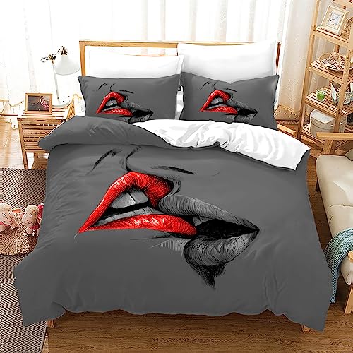 JLCZBT Partner Bettwäsche 135x200 mit Herz, Rot Lippen Rot Rose Bettbezug Romantische Bettwäsche für Paare Schlafzimmer Love Bettbezug 3teilig (A2,Single-135 x 200 cm) von JLCZBT