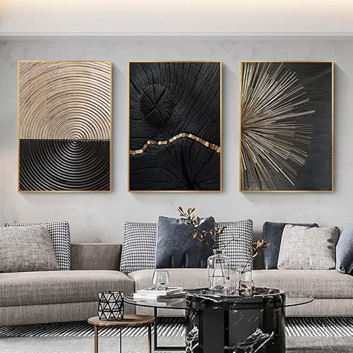 JLCZBT Poster 3er set, Moderne Schwarz Weiß Gold Jahresring Linien Wandkunst Bilder, Gold Linien deko bilder für Wohnzimmer Ohne Rahmen (50×70cm) von JLCZBT