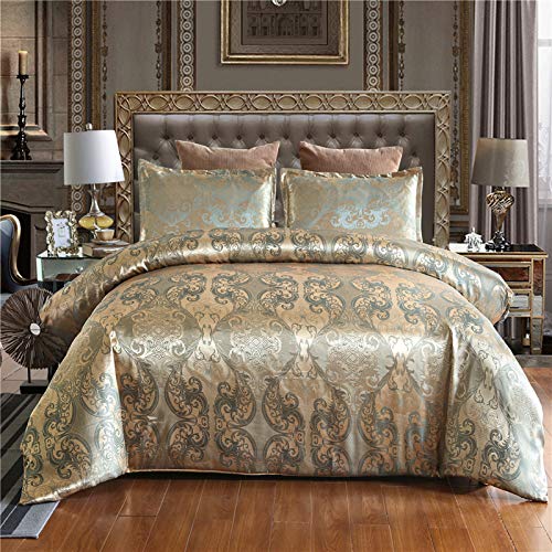 JLCZBT Satin Bettwäsche 220x240 cm Gold Blau Jacquard Blumenmuster Bettbezug mit Barock Muster Luxuriös Romantisch Wendebettwäsche Set (Gold,135 x 200 cm) von JLCZBT