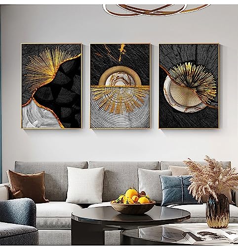 JLCZBT Wohnzimmer Deko Bilder Schwarz Gold Jahresring Leinwand Nordic Art Wandbild Print Bilder Modern Schwarz Weiß Gold Poster Ohne Rahmen x3 (A+B+C,60x90cm*3) von JLCZBT