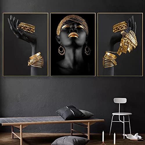 JLCZBT Wohnzimmer Wandbilder Schwarz Gold Leinwand Afrikanische Frauen Bilder Auf Leinwand Gold Lippen Poster Schwarz Frau Bild Kein Rahmen (30x40cm) von JLCZBT