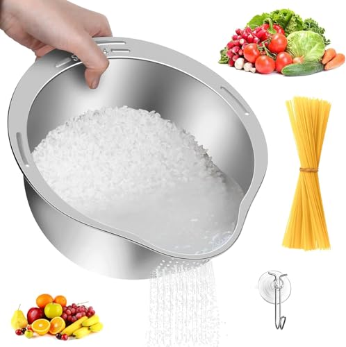 Reissieb Edelstahl, Lebensmittelechtes Nudelsieb mit Ausgießer - Reis Waschschüssel, Sieb Edelstahl Abtropfsieb zum Waschen & Abtropfen von Quinoa, Obst, Gemüse (1) von JLLYGOUS