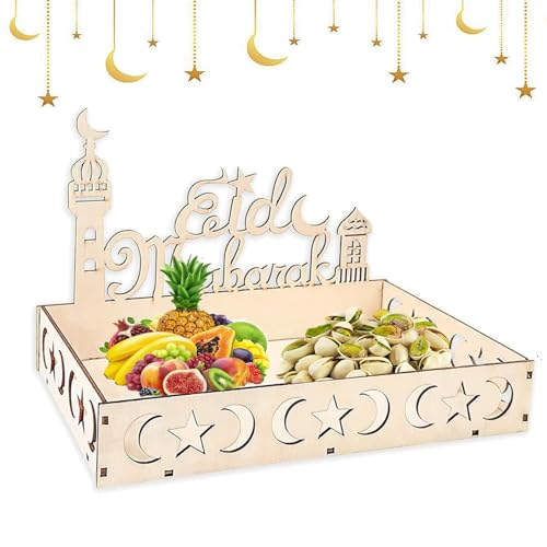 JLTXKST Ramadan Tablett,Eid Mubarak Teller Holz Tablett,Quadrat Serviertablett mit Mond und Stern Muster, Ramazan Deko, für Frühstück, Abendessen, Dessert, Gebäck. (A) von JLTXKST