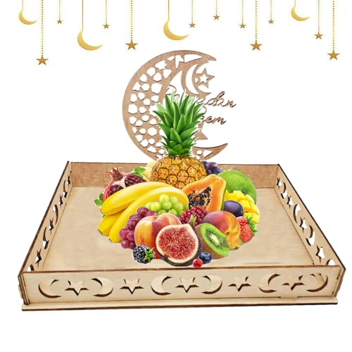 Ramadan Tablett,Eid Mubarak Teller Holz Tablett,Quadrat Serviertablett mit Mond und Stern Muster, Ramazan Deko, für Frühstück, Abendessen, Dessert, Gebäck. (B) von JLTXKST