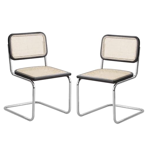 Stühle Mahlzeit Rattan-Esszimmerstühle, 2er-Set, Küchen-Seitenstühle ohne Armlehnen mit Metallbeinen, moderne Esszimmerstühle mit natürlicher Rattan-Geflecht-Rückenlehne und gepolsterter Sitzfläche, B von JLVAWIN