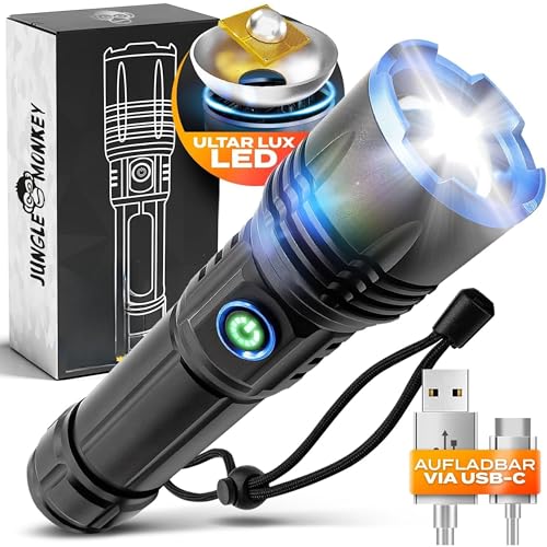 JM Expert® - Taschenlampe ULTRALUX LED aufladbar mit USB-C extrem Hell, wiederaufladbar - Outdoor, Wandern, Camping taktische Handlampe - Akku-Flashlight wasserdicht, batteriebetrieben (16,5cm klein) von JM Expert