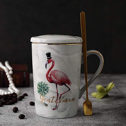 JMAHM Flamingobecher Kaffee Teetasse Keramik Porzellantasse mit Löffel und Deckel (Flamingo Grey, 400ml) von JMAHM