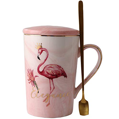 JMAHM Flamingobecher Kaffee Teetasse Keramik Porzellantasse mit Löffel und Deckel (Flamingo Pink, 400ml) von JMAHM
