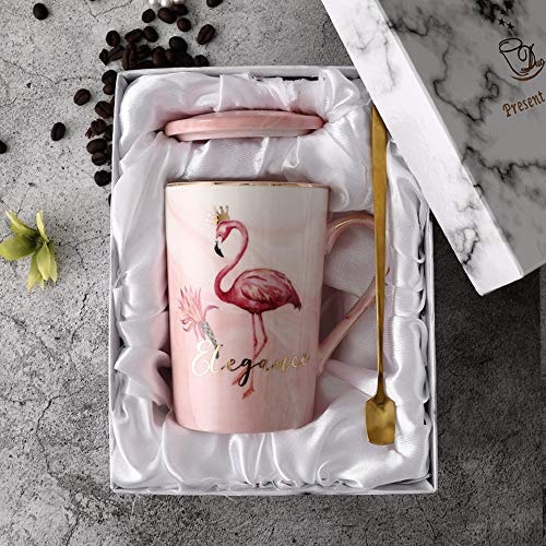 JMAHM Flamingobecher Kaffee Teetasse Keramik Porzellantasse mit Löffel und Deckel (Flamingo Pink Premium Verpackung, 400ml) von JMAHM