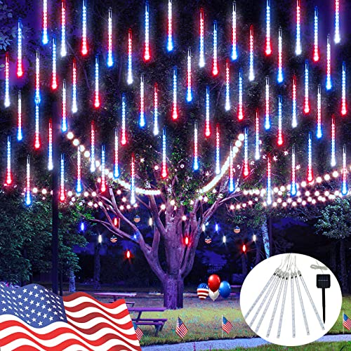 JMEXSUSS Rote weiße und blaue Solarleuchten 8 Röhren 144 LEDs patriotische Solar Meteorschauer Lichter wasserdicht 4. Juli Lichter für Unabhängigkeitstag, Gärten, Baum, Outdoor 4. Juli Dekorationen von JMEXSUSS