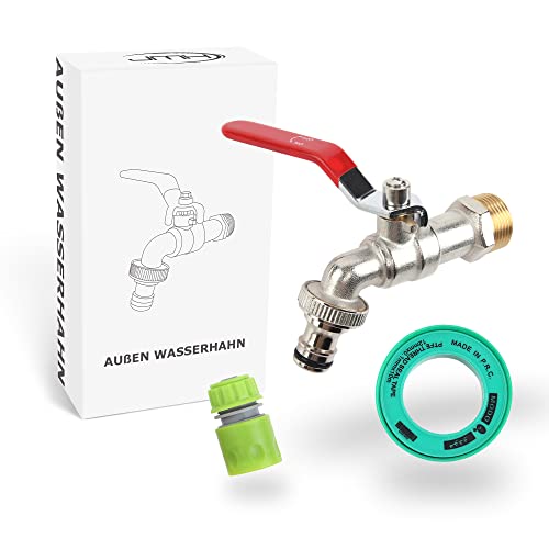 JMH Wasserhahn Garten - Kugelhahn 3/4 Zoll mit Schlauchanschluss & Dichtungstape - Außenwasserhahn auslauf- & frostsicher - Garten Wasserhahn außen von JMH
