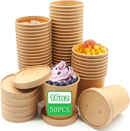 JMIATRY 50 Stück 450ml Einweg Suppenbecher mit Deckel Suppenbecher to go, Pappbecher mit Deckel für Eisbecher Suppe Salat Nachtisch Vorspeisen von JMIATRY