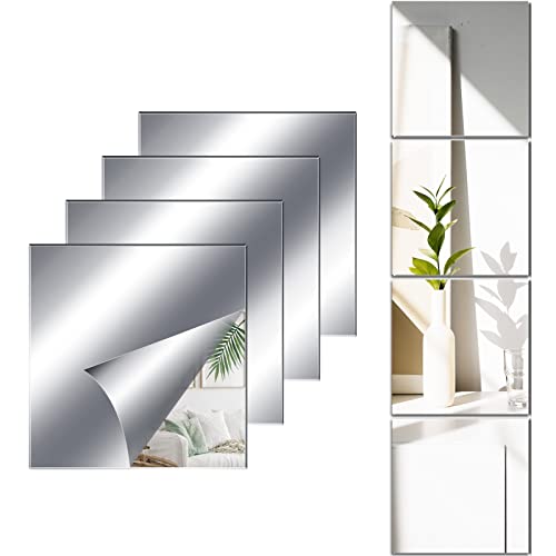 JMITHA 4 Stück Selbstklebende Fliesenspiegel Klebespiegel Selbstklebend Spiegel zum Aufkleben Wandspiegel Acryl 30x30cm, Klebespiegel Spiegelfliesen 2mm HD DIY für Schrank Wohnzimmer Schlafzimmer von JMITHA