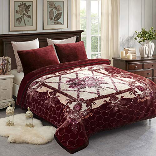 JML 10 Pounds Heavy Plush Soft Blankets for Winter， Korean Style Mink Velvet Fleece Blanket - 2 Ply A&B Printed Raschel Red Blanket, Dark Purple Floral von JML