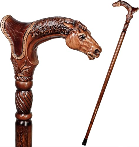 JMMSP Handgeschnitzter Gehstock, Handgefertigter Gehstock Aus Holz Mit Ergonomischem Griff, Vintage-gehstock Aus Holz Für Männer Und Frauen – Modischer, Einzigartiger Gehstock Fü(Color:Pferd) von JMMSP