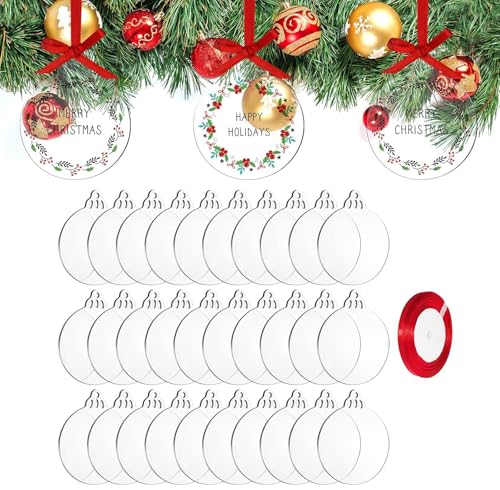 JMNHSOA 25 Stücke Acrylscheibe Weihnachtskugel Deko,Transparenten Acrylscheibe Weihnachten mit Rotem Band Plexiglasplatten Christbaumkugeln Plexiglasscheibe für Weihnachten Dekoration Basteln(7.6cm) von JMNHSOA