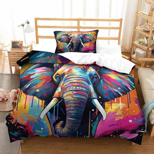 Elefant mit Brille 3D Print Dreiteiliger Bettwäsche Set,Dazzle-Stil Microfaser Bettbezug Und Kissenbezug Mit Reißverschluss Geeignet Für Jungen Und Mädchen Single（135x200cm） von JMORCO