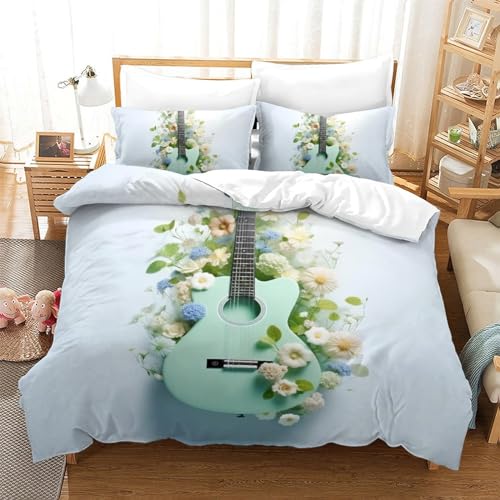 Kinder Bettwäsche Kunst Gitarre Bettbezug Set, Moderne 3D Musikinstrumente Bedruckte Kinder Jungen Kinderbett Bettbezug Set Microfaser 3 Teilig Mit Kissenbezug Double（200x200cm） von JMORCO