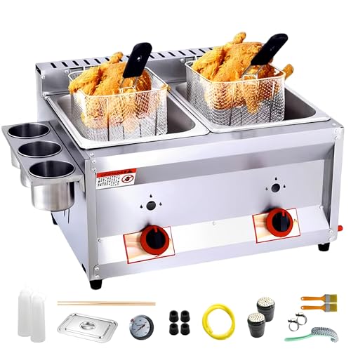Dual Tanks LPG Gas Fritteuse – 10 L x 2 Kapazität – Edelstahl – 2 Körbe und Deckel – perfekt für Pommes Frites – Zuhause oder Restaurant (2 Körbe) von JMOUZHG