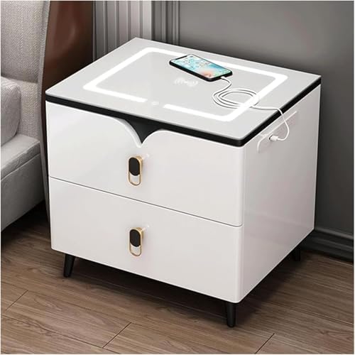 JMOUZHG Intelligenter Nachttisch mit Ladestation und LED-Leuchten, schwarzer Nachttisch mit 2 Schubladen (Black 50cm) von JMOUZHG