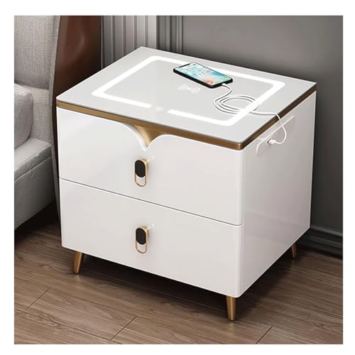 JMOUZHG Intelligenter Nachttisch mit Ladestation und LED-Leuchten, schwarzer Nachttisch mit 2 Schubladen (Gold 40cm) von JMOUZHG
