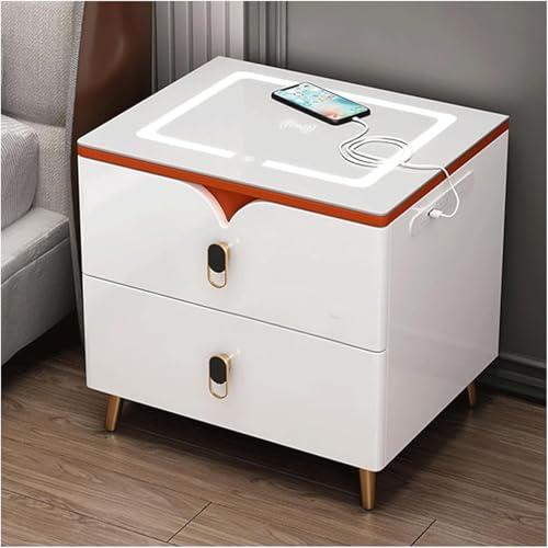 JMOUZHG Intelligenter Nachttisch mit Ladestation und LED-Leuchten, schwarzer Nachttisch mit 2 Schubladen (orange 50cm) von JMOUZHG