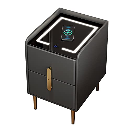 JMOUZHG Wireless Charging Nachttisch mit Schubladen und 3-farbigen LED-Leuchten - Smart Nachttisch-Organizer (Dark Gray) von JMOUZHG