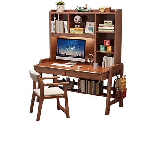 JMOZHCD Massivholz-Schreibtisch mit integriertem Bücherregal, perfekt zum Schreiben, zur Computeraufbewahrung und zum Organisieren von Büchern (Walnut+Chair B 100x60x158cm) von JMOZHCD
