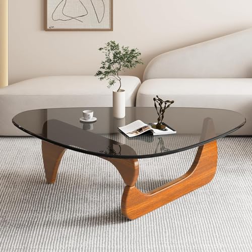JMOZHCD Moderner Couchtisch, Wohnzimmer-Dreieck-Couchtisch, Dreieck-Glasplatte, Naturholzsockel, Dreieck-Couchtisch (Gray+walnut 91 * 65 * 40cm) von JMOZHCD