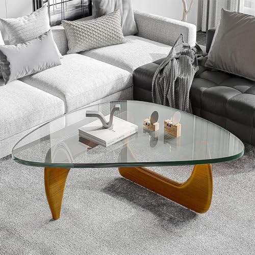 JMOZHCD Moderner Dreieck-Couchtisch, Wohnzimmer-Couchtisch, Dreieck-Glasplatte, Naturholzsockel (Clear Glass+Walnut 91 * 65 * 40cm) von JMOZHCD