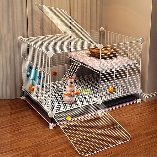 Kaninchenkäfig für den Innenbereich, Kleintierkäfig mit 2 tiefen ausziehbaren Tabletts und Urinschutz, Hasenkäfig aus Drahtgeflecht, Kaninchenkäfig mit Katzenzaun () von JMOZHCD