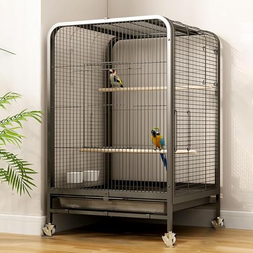 Sittich-Vogelkäfig, Papageienkäfig-Tablett-Design mit Rollen und Zubehör, 1,2 cm großes Verschlüsselungsnetz für kleine und mittelgroße Papageien (Black) von JMOZHCD
