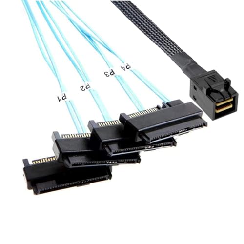 JMT Mini SAS HD SFF-8643 auf 4* SAS SFF-8482 Verbindungskabel 2-in-1 Serverkabel mit 15-poligem Stromanschluss, Festplatten-Splitter (100 cm) von JMT