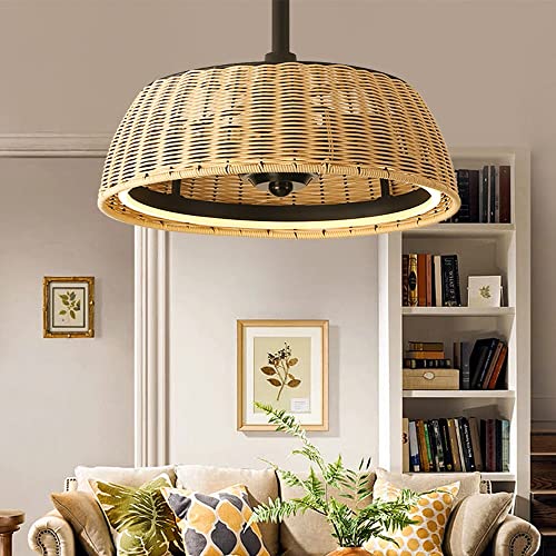 JMrider Deckenventilator Mit Beleuchtung Retro E27 Ventilator Deckenleuchte Mit Fernbedienung Wohnzimmer Lampe Deckenlampe Mit Ventilator Leise Vintage Rattan Lüfter Schlafzimmer Esszimmer Fan Licht von JMrider