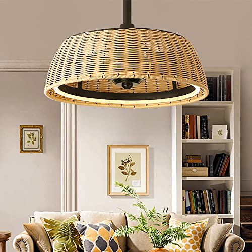 JMrider Deckenventilator Mit Beleuchtung Retro E27 Ventilator Deckenleuchte Wohnzimmer Lampe Deckenlampe Mit Ventilator Leise Vintage Rattan Lüfter Schlafzimmer Esszimmer Fan Licht von JMrider