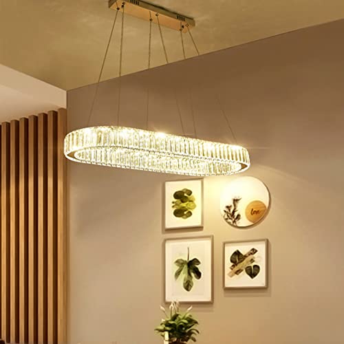 JMrider LED Pendelleuchte K9 Kristall Hängeleuchte Einfach Moderne Kronleuchter Edelstahl Dimmbar Mit Fernbedienung Höhenverstellbar Pendellampe Für Schlafzimmer Wohnzimmer Esszimmer Hängelampe,90cm von JMrider