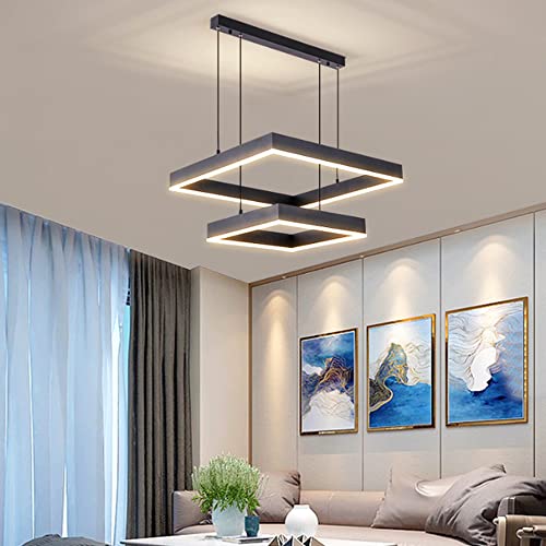 Modern LED Pendelleuchte Wohnzimmer Büro Schwarz Quadrat Hängelampe Acryl Höhenverstellbar Hängeleuchte Dimmbar Mit Fernbedienung Innenbeleuchtung Pendellampe Schlafzimmer Büro Kronleuchter,2 rings von JMrider