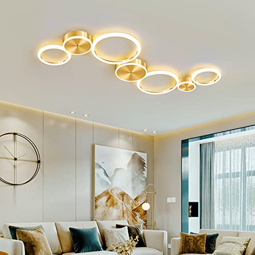 Modern LED Wohnzimmer Deckenleuchte Schlafzimmerlampe Runde Acryl Dimmbare Deckenlampe Mit Fernbedienungs Beleuchtung Schmiedeeiserne Golddekorlampe Für Esszimmer Café Wohnzimmer Deckenlicht,7 rings… von JMrider