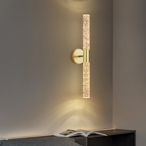 Moderne Wandleuchte 14W Klare Kristall Acrylrohr LED-Wandlampe Indoor Nordic Wandfluter Warmes Licht Nachttischlampe 3000K Wandmontage Schlafzimmer Wohnzimmer Vanity Spiegel Flur 10*51cm Gold(1 Pack) von JMrider