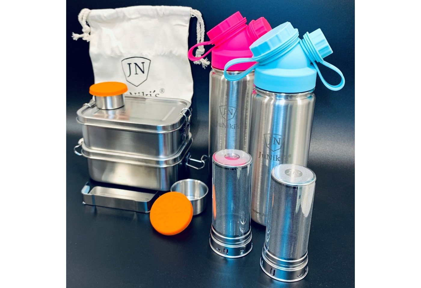 JN JuNiki´s Lunchbox Premium-Schüler-Set aus Edelstahl, Edelstahl, 2er-Spar-Set: Je 2x JuNiki´s® Lunchbox + Trinkflasche isoliert 550ml + Teefilter von JN JuNiki´s