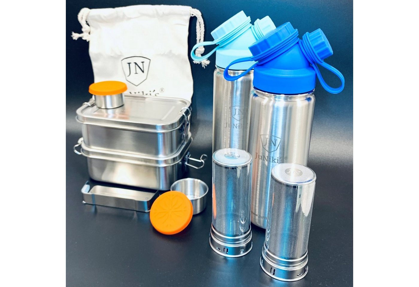 JN JuNiki´s Lunchbox Premium-Schüler-Set aus Edelstahl, Edelstahl, 2er-Spar-Set: Je 2x JuNiki´s® Lunchbox + Trinkflasche isoliert 550ml + Teefilter von JN JuNiki´s