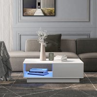 Couchtisch Modern Wohnzimmertisch mit LED-Beleuchtung Regal und Schublade 99 x 55 x 32 cm Weiß von JN.SONGS