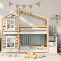 Kinderbett mit Schublade und Fallschutz 90x200 cm Kinder Etagenbett - 2x Lattenrost Holz+Weiß von JN.SONGS