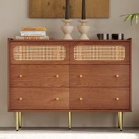 Kommode, Sideboard mit 6 Schubladen, Hochschrank mit Rattan Sideboard für Schlafzimmer und Wohnräume Nussbaum - H90/B120/T40 CM von JN.SONGS